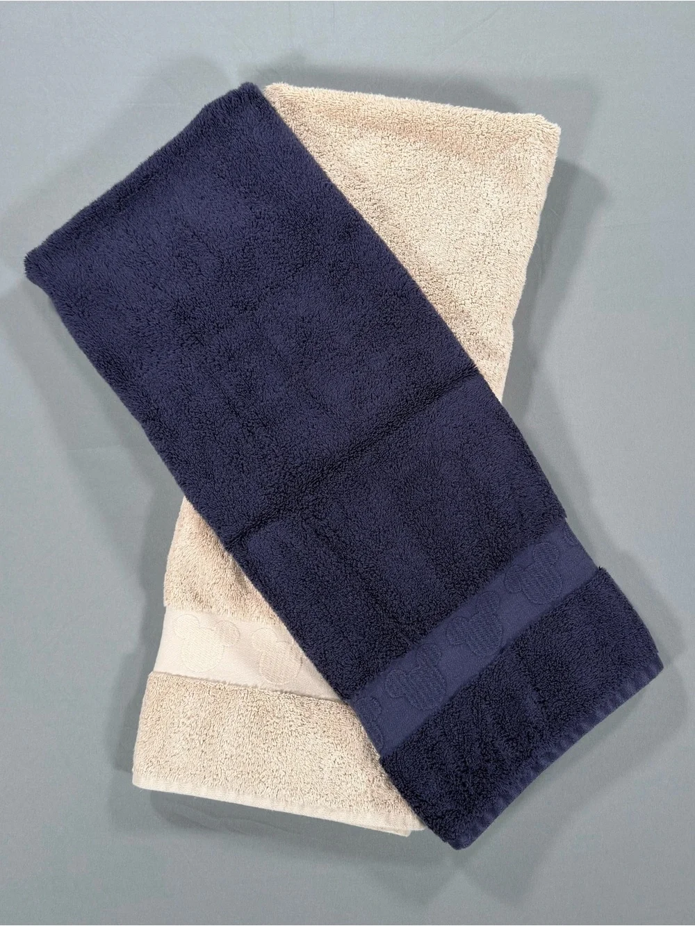 Disney Parks Mickey Mouse Bath Towel Set of 2 Cotton Navy Blue Beige 25x50